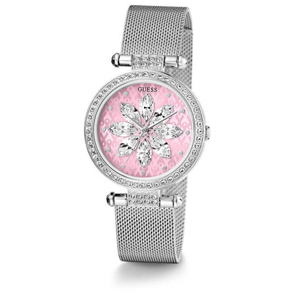 Orologio da donna Guess. Quadrante rosa con fiore di cristallo. Cinturino in metallo argentato.