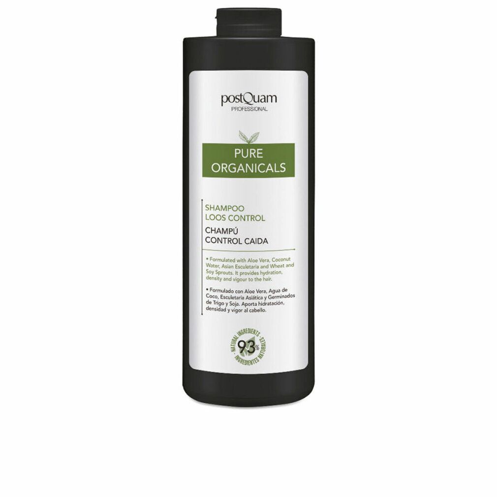 Flacone di shampoo nero con etichetta bianca. Testo: Pure Organicals, Shampoo Loos Control, 93% ingredienti naturali.