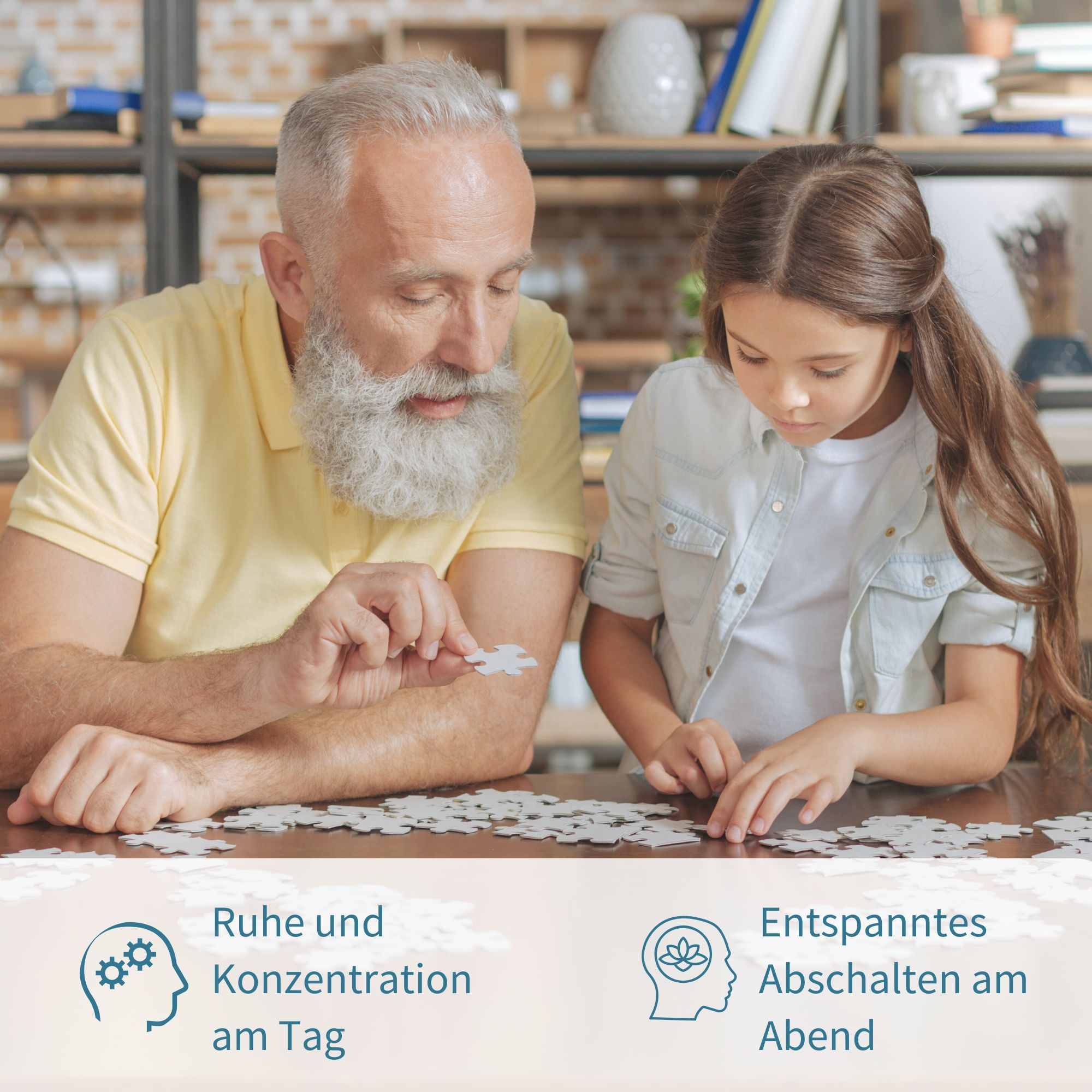 Uomo e bambina giocano a puzzle. Icone indicano calma, concentrazione e relax.