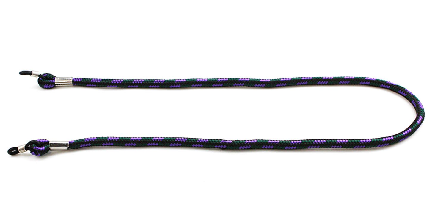 Cinturino per occhiali a corda intrecciata nera, viola e verde. Connessioni metalliche.