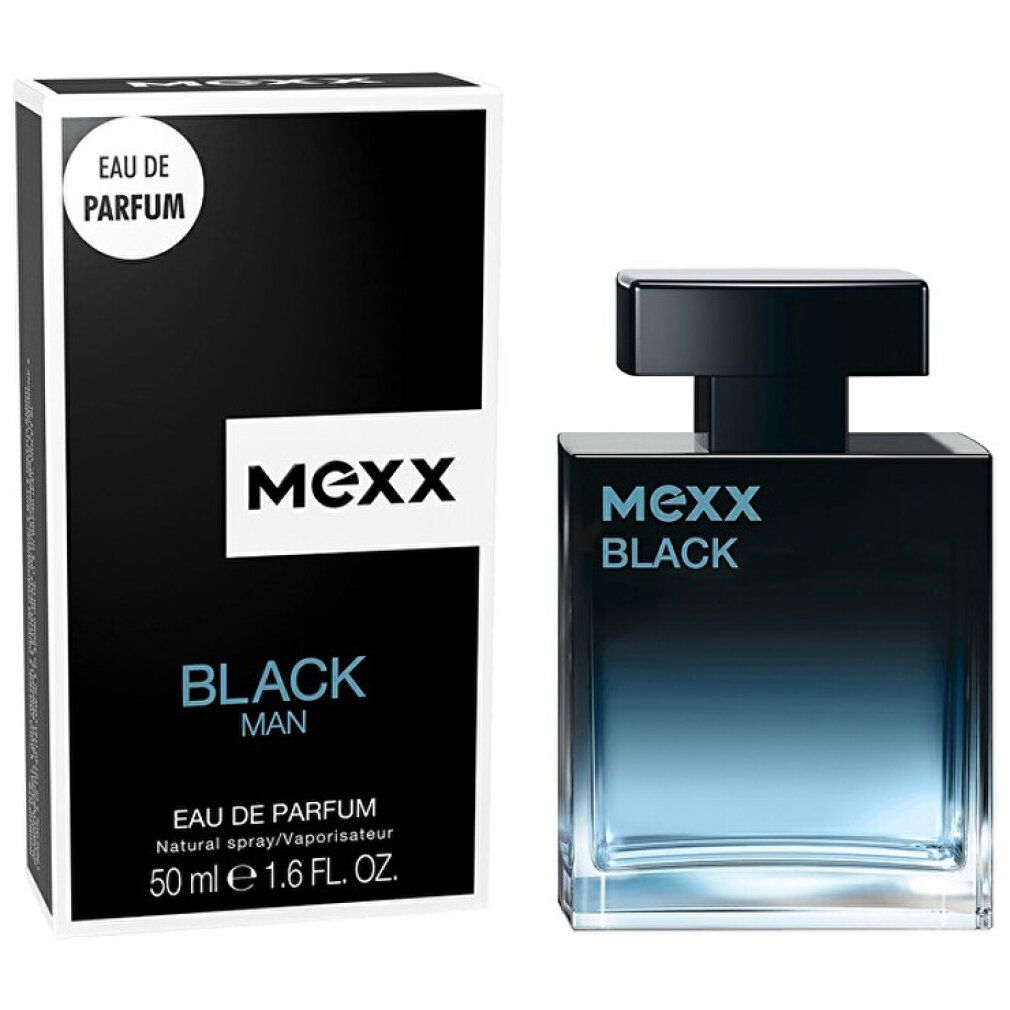 Flacone nero con tappo nero. Scritta: Mexx Black Man Eau de Parfum. Confezione con logo e nome del prodotto.