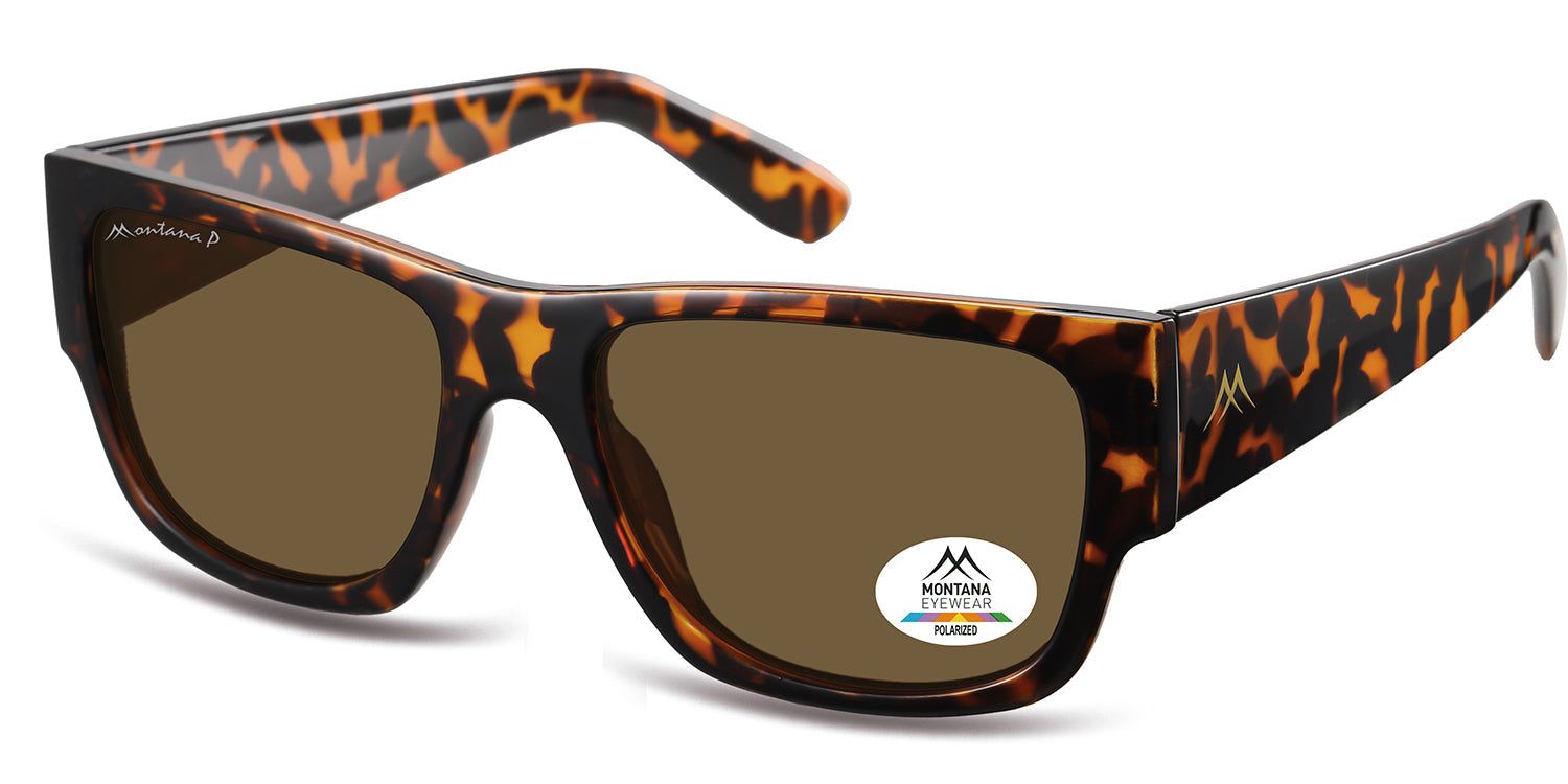 Occhiali da sole marroni con motivo tartarugato. Logo Montana Eyewear ed etichetta polarizzata.