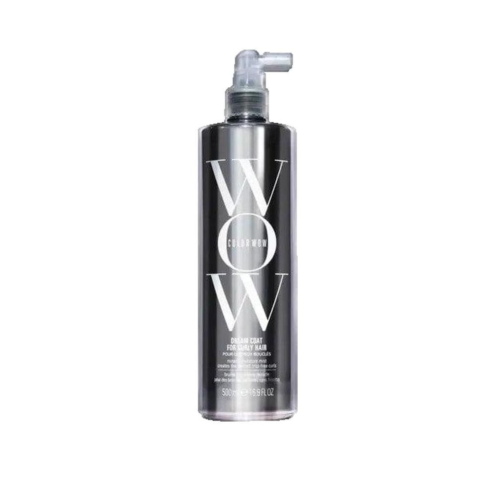 Flacone argento con erogatore spray. Grande logo bianco "WOW". Testo: Dream Coat for Curly Hair. 500ml.