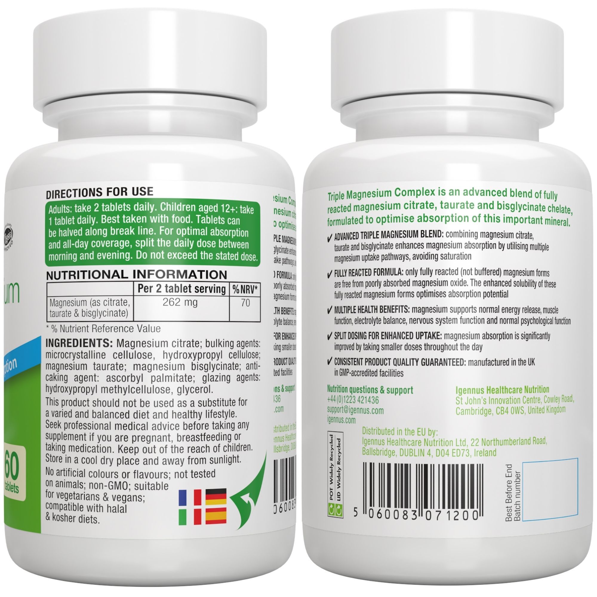 Fronte e retro di un contenitore Igennus Magnesium Complex con informazioni sull'etichetta.