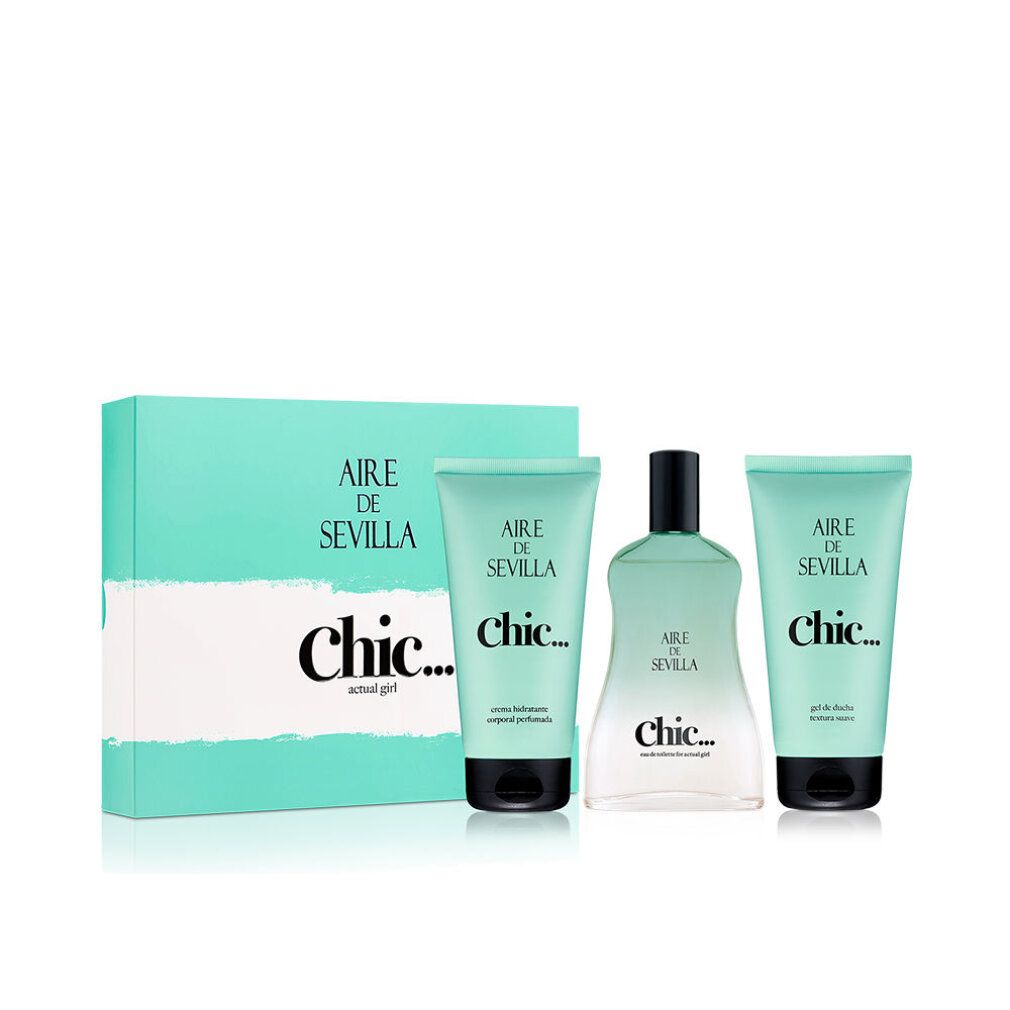 Set regalo con flacone, due tubi e scatola. Design turchese e bianco con nome del prodotto e 'chic'.
