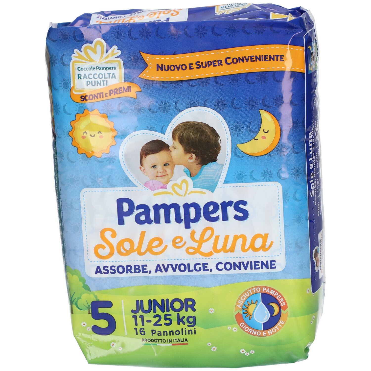 Confezione di pannolini Pampers Sole e Luna Junior. Taglia 5, 16 pannolini. Confezione con illustrazioni di sole e luna.