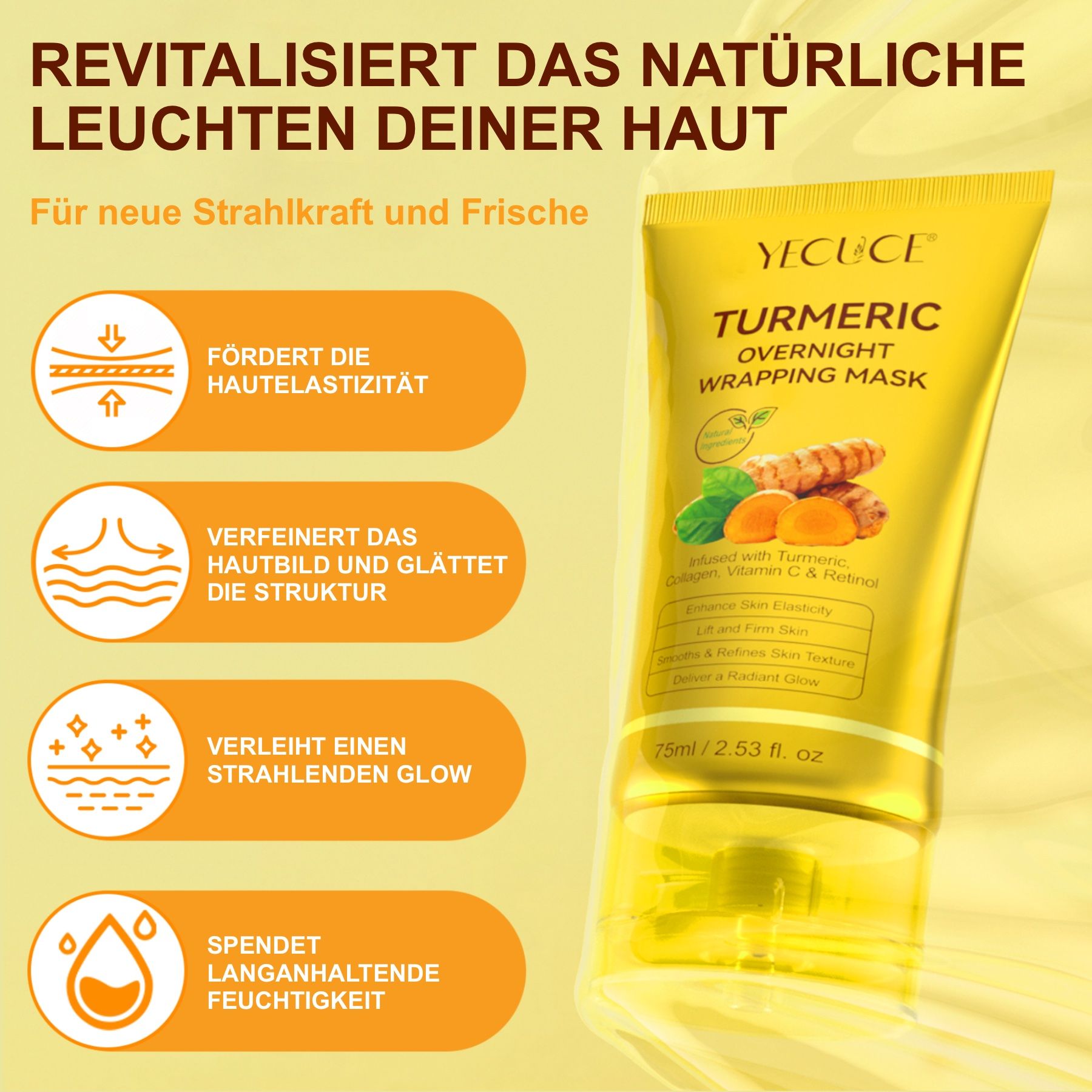 Tubo giallo con 'Turmeric Overnight Wrapping Mask'.