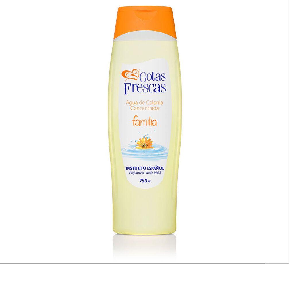 Flacone giallo con tappo arancione. Scritta: Gotas Frescas, Agua de Colonia Concentrada, familia. INSTITUTO ESPAÑOL, 750ml.