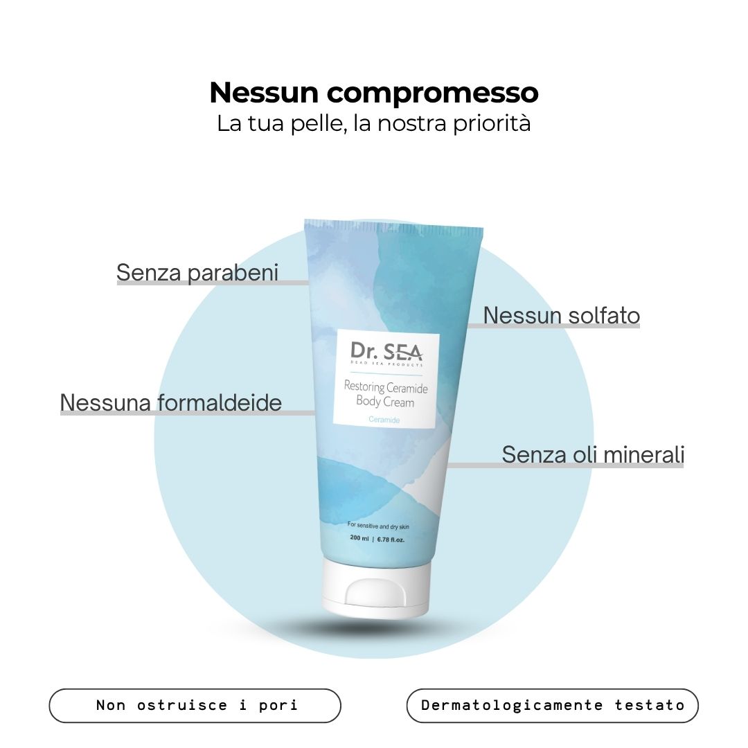 Tubo di crema con testo. Scritta: Dr. SEA, Restoring Ceramide Body Cream. Senza parabeni, solfati, formaldeide, oli minerali.