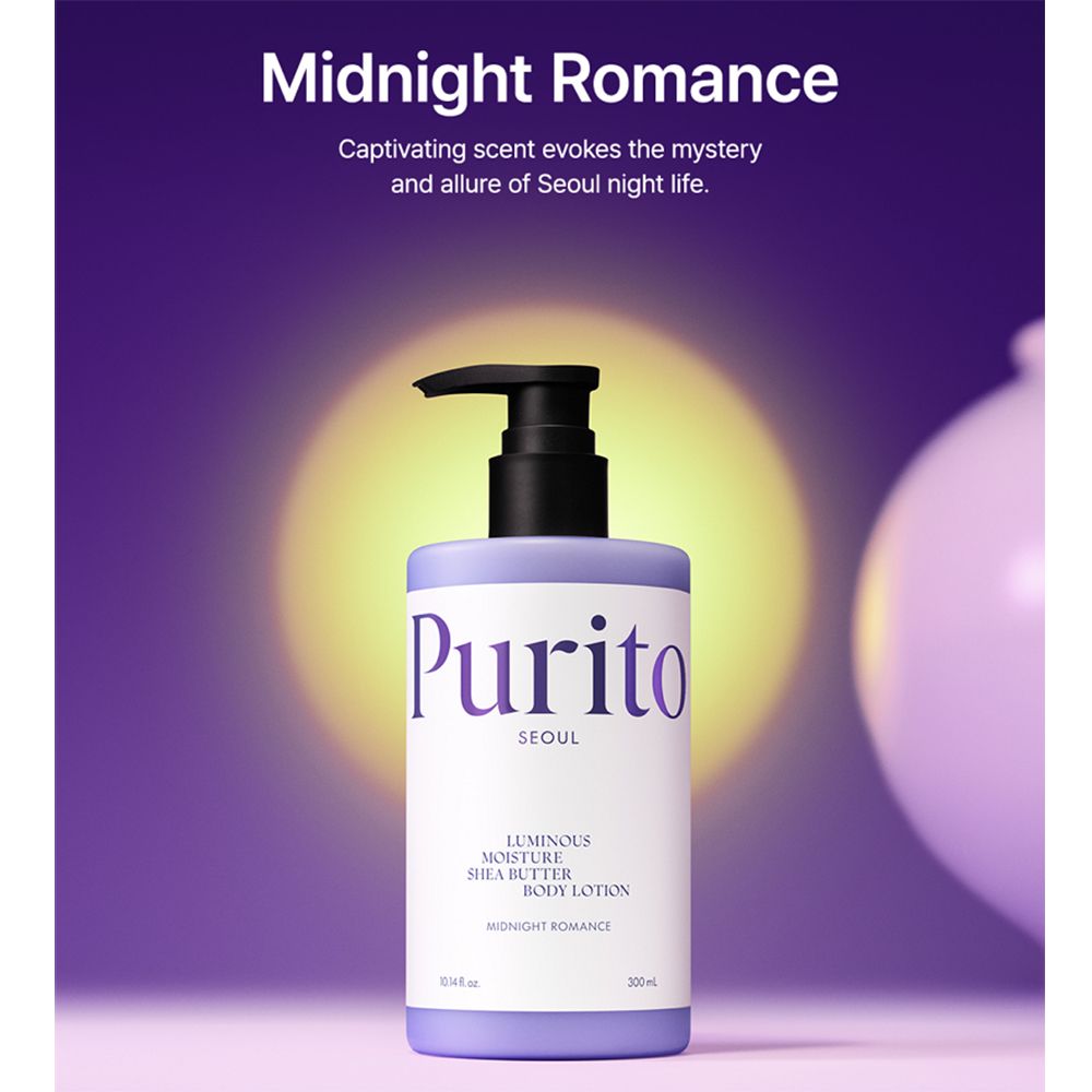 Flacone di lozione su sfondo viola. Scritta: Purito Seoul, Luminous Moisture Shea Butter Body Lotion, Midnight Romance. Dosatore nero.