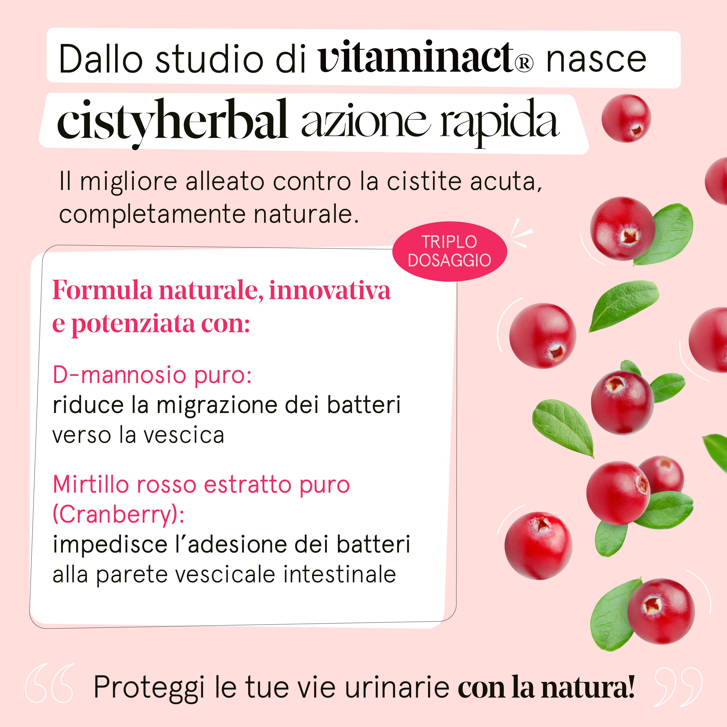 Pubblicità per "cistyherbal azione rapida". Testo sugli ingredienti: D-mannosio e mirtillo rosso. Mirtilli rossi e foglie.