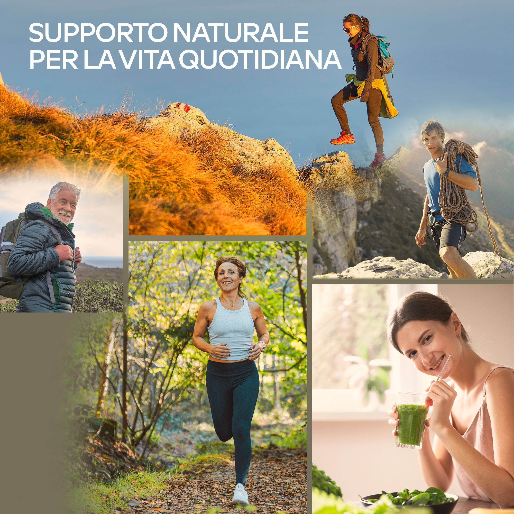 Collage di persone in attività all'aperto e un frullato verde.