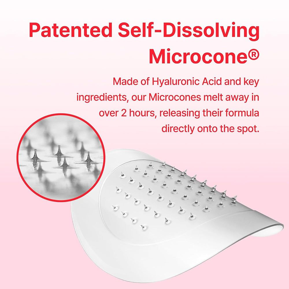Primo piano di un cerotto bianco con microconi. Testo: Patented Self-Dissolving Microcone®. Realizzato con acido ialuronico e ingredienti.