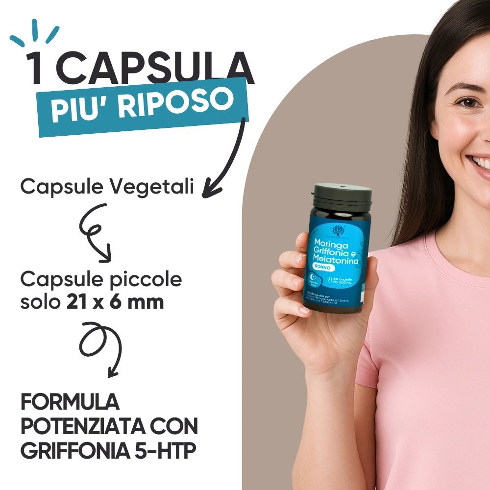 Donna tiene una bottiglia RedMoringa. Testo: 1 capsula più riposo. Capsule vegetali, piccole (21x6 mm). Formula con Griffonia 5-HTP.
