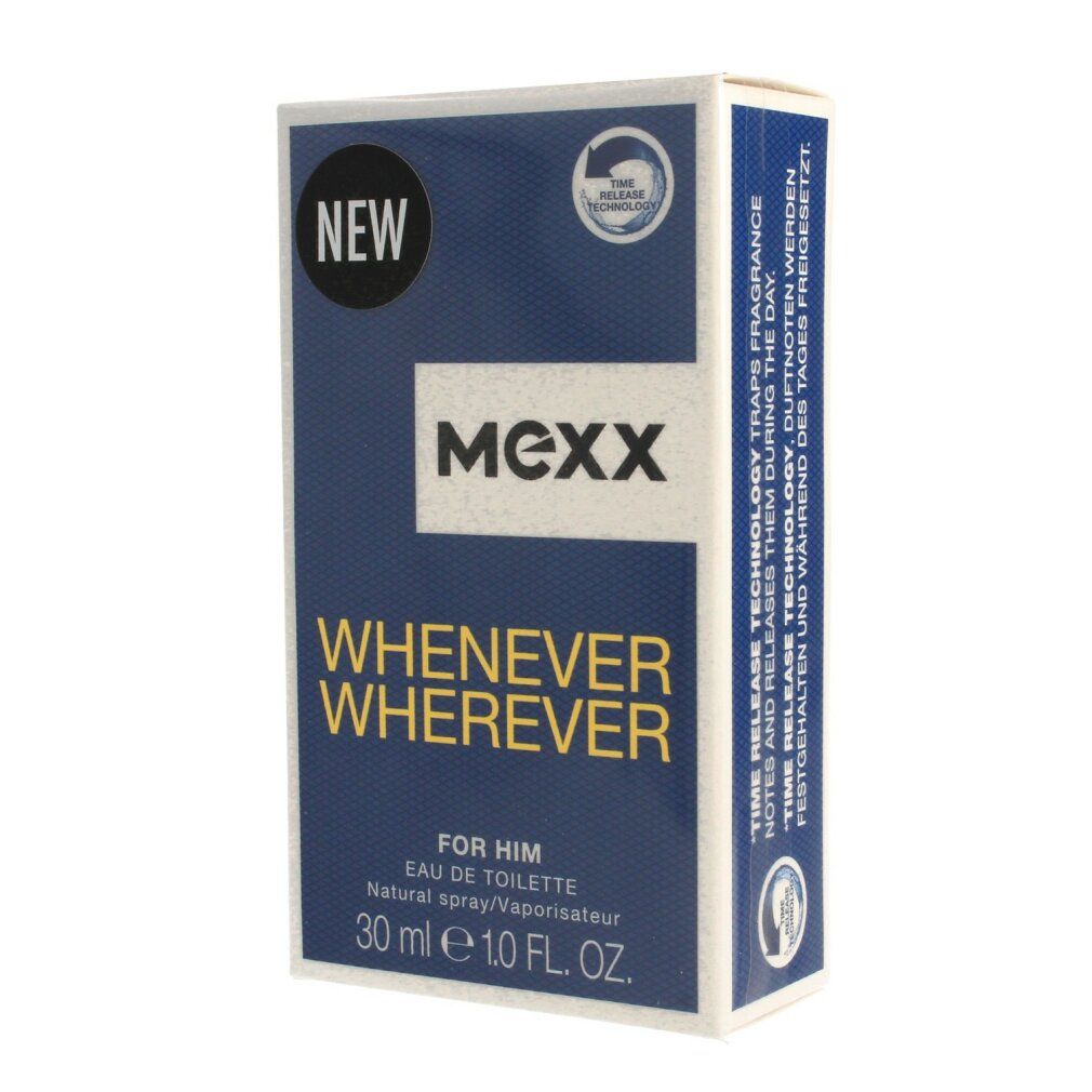 Confezione in cartone con MEXX, Whenever Wherever, For Him. 30 ml. Confezione blu con logo bianco.