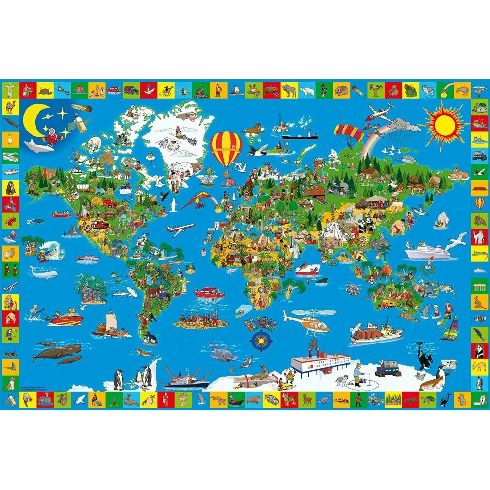 Puzzle mappa del mondo con illustrazioni colorate. Bordo blu. Puzzle da 200 pezzi. Rappresentazione di animali, veicoli e monumenti.
