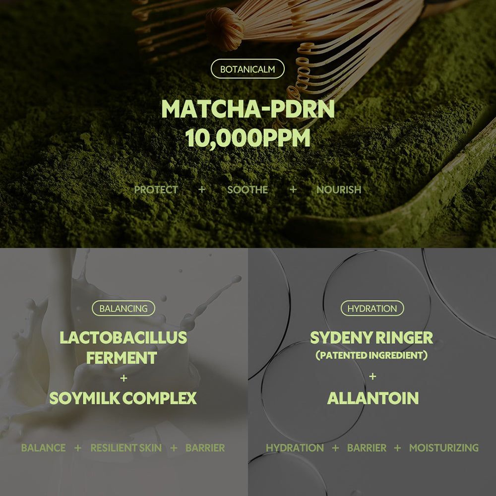 Due riquadri di testo con ingredienti: Lactobacillus Ferment, Complesso di latte di soia, Sydeny Ringer, Allantoina. Matcha-PDRN 10.000 PPM.