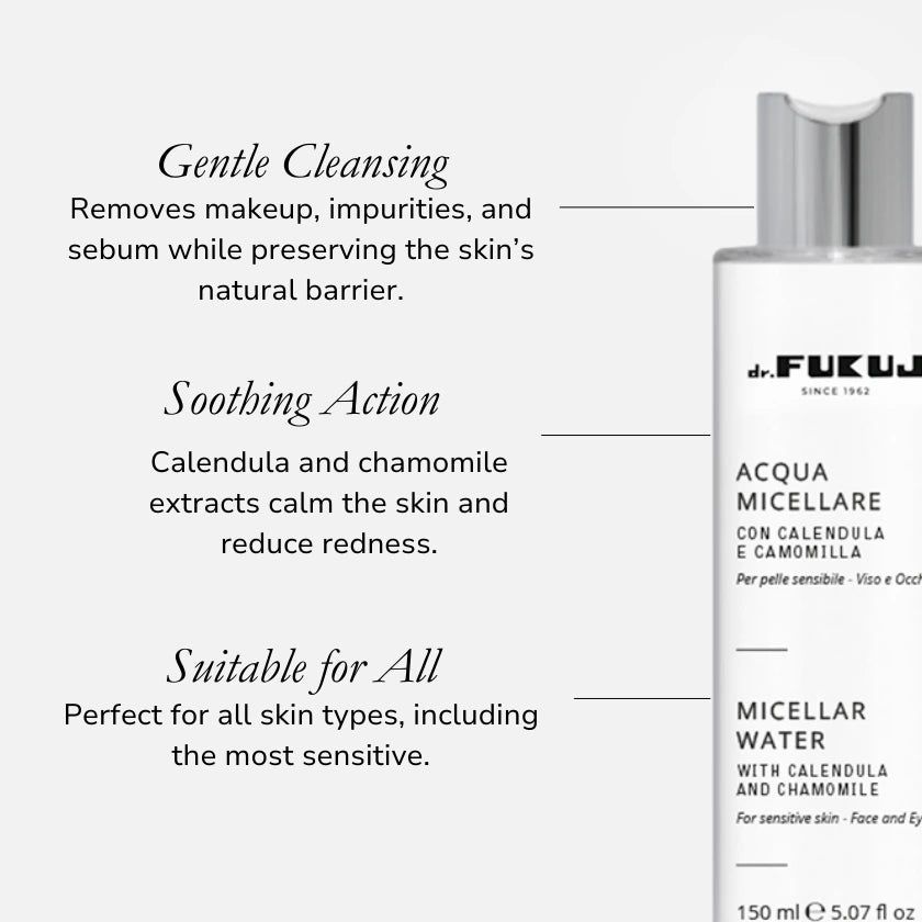 Primo piano del flacone Dr. Fukuj Acqua Micellare. Testo: Detergenza delicata, azione lenitiva, adatto a tutti.