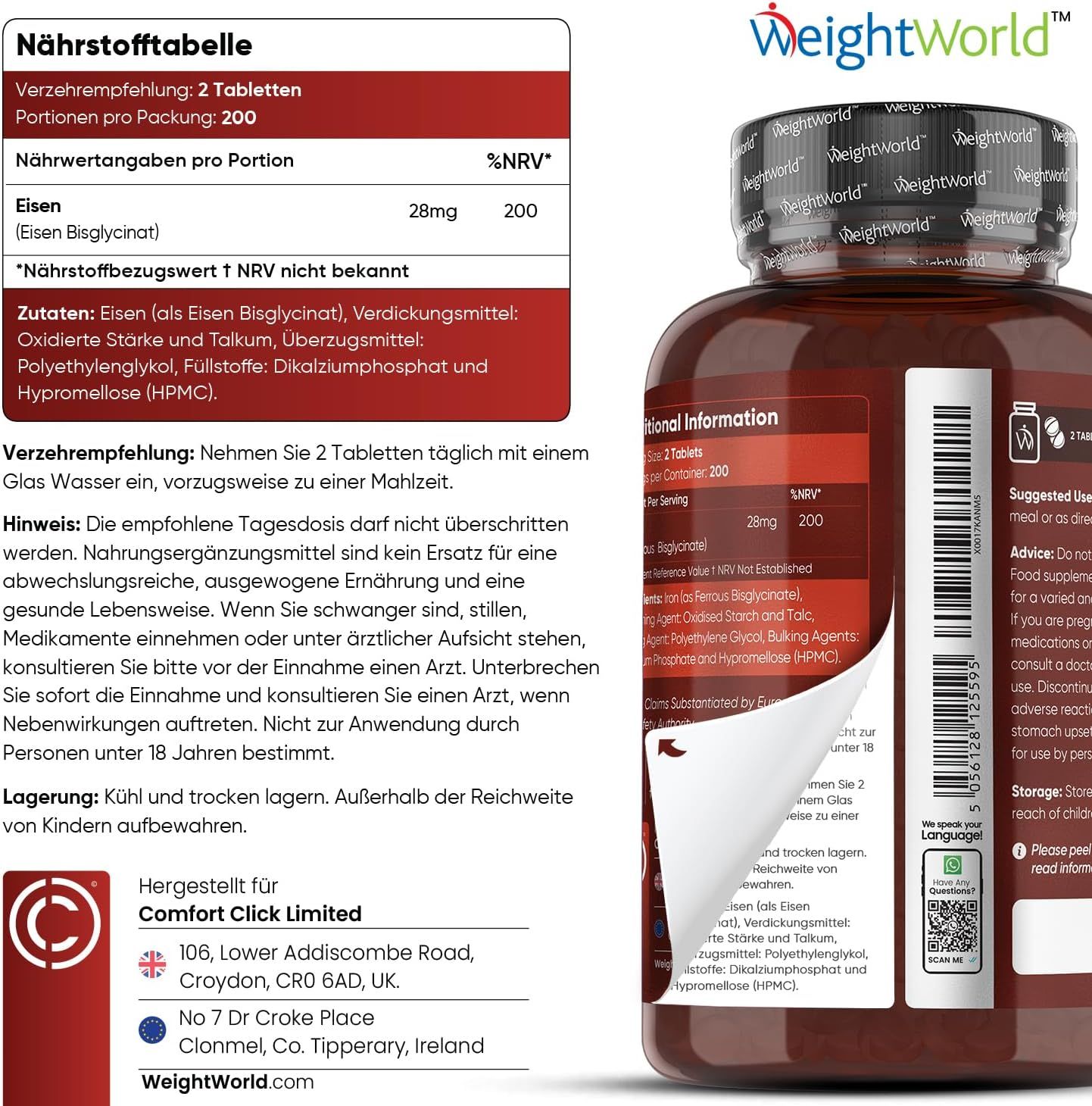 Confezione del prodotto con etichetta. Tabella nutrizionale, ingredienti, istruzioni per l'uso, informazioni del produttore. Flacone.