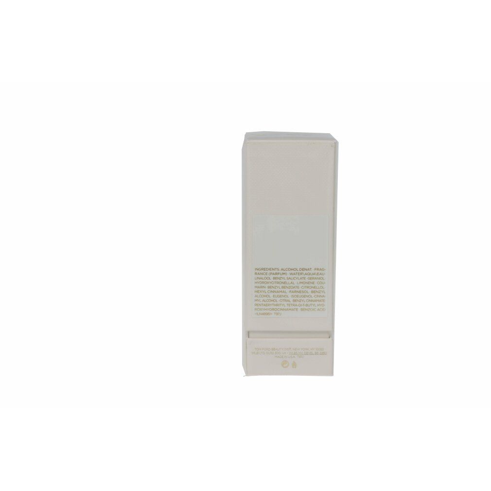 Confezione bianca. Scritta: TOM FORD TUBÉREUSE NUE Eau de Parfum. Testo con ingredienti. Vista posteriore della scatola.