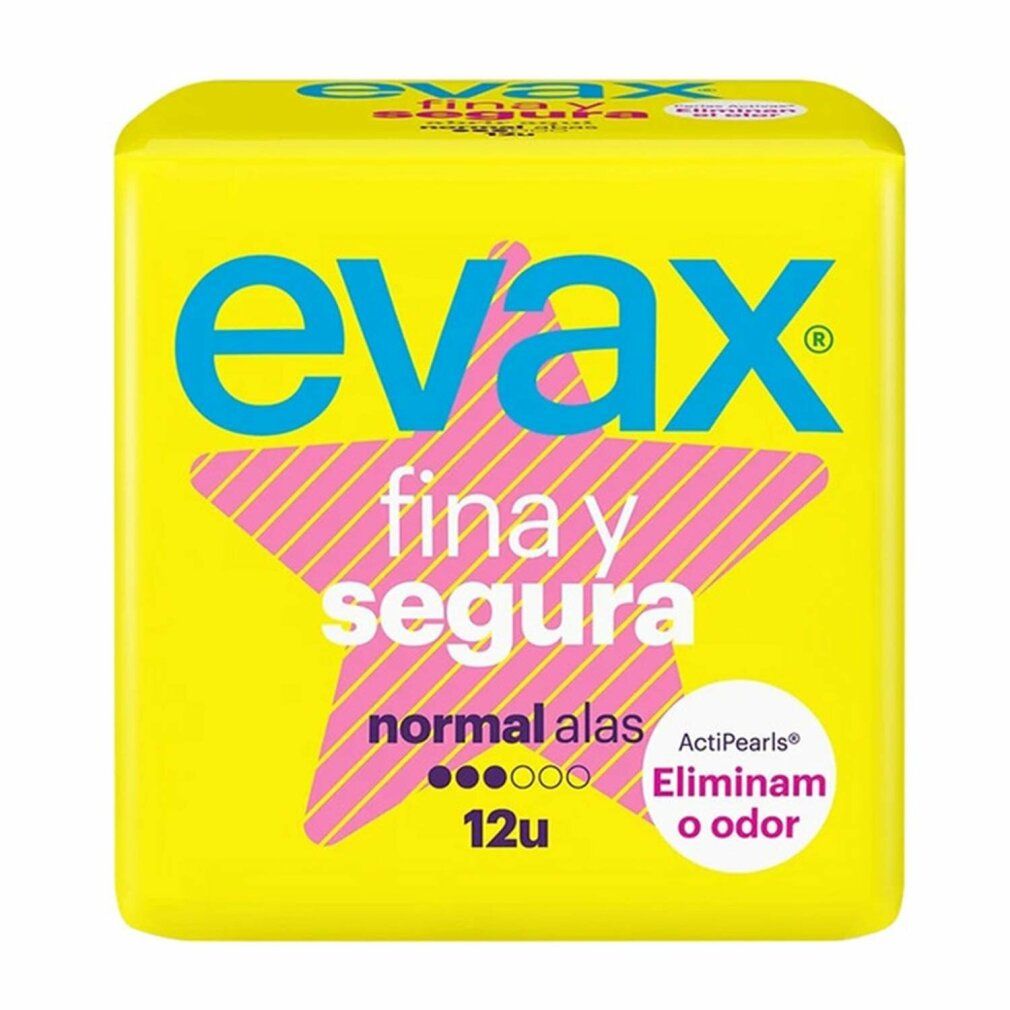 Confezione gialla con scritta blu "evax fina y segura normal alas 12u". Stella rosa. ActiPearls: Elimina o odor.