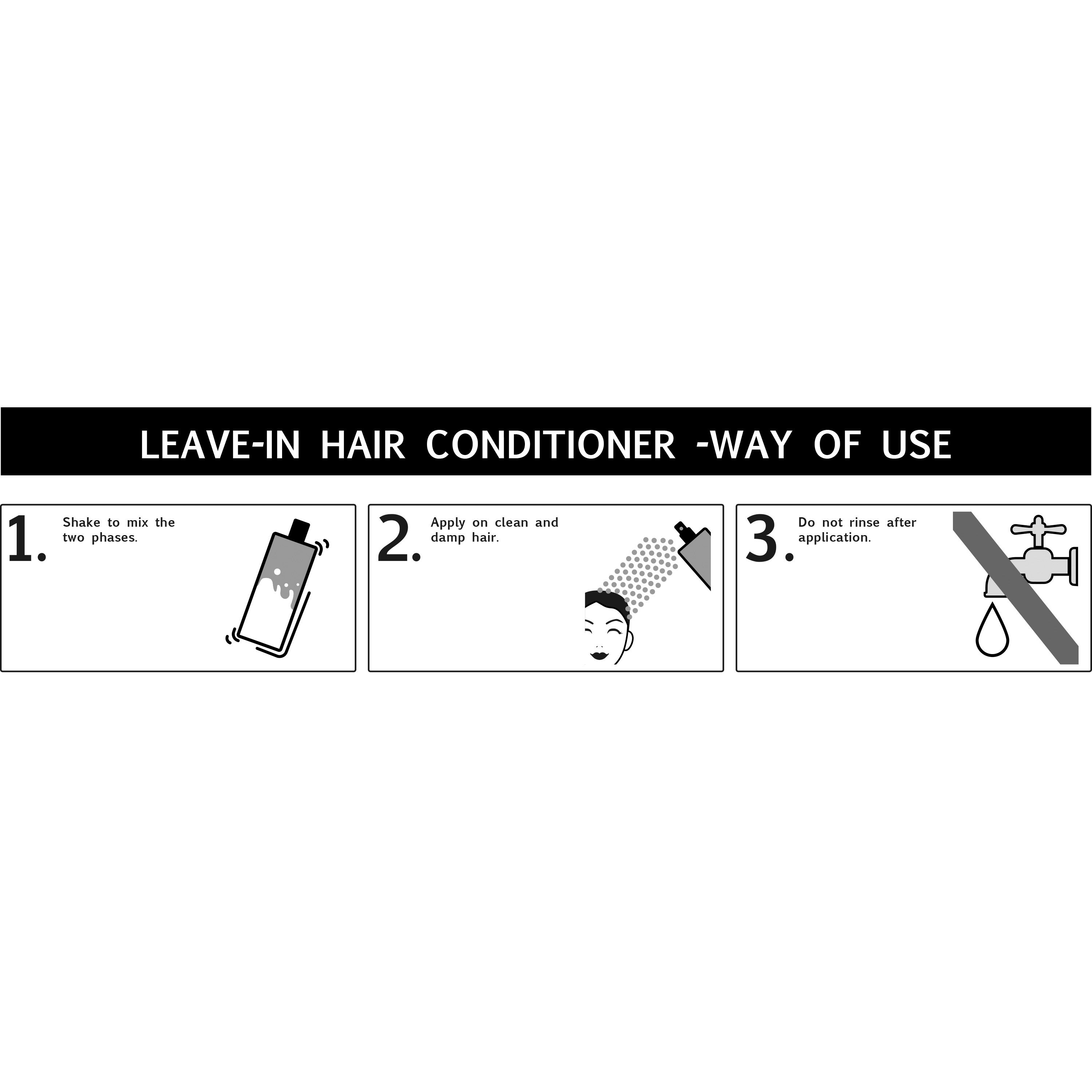 Istruzioni: 1. Agitare. 2. Applicare sui capelli puliti. 3. Non risciacquare. Pittogrammi.