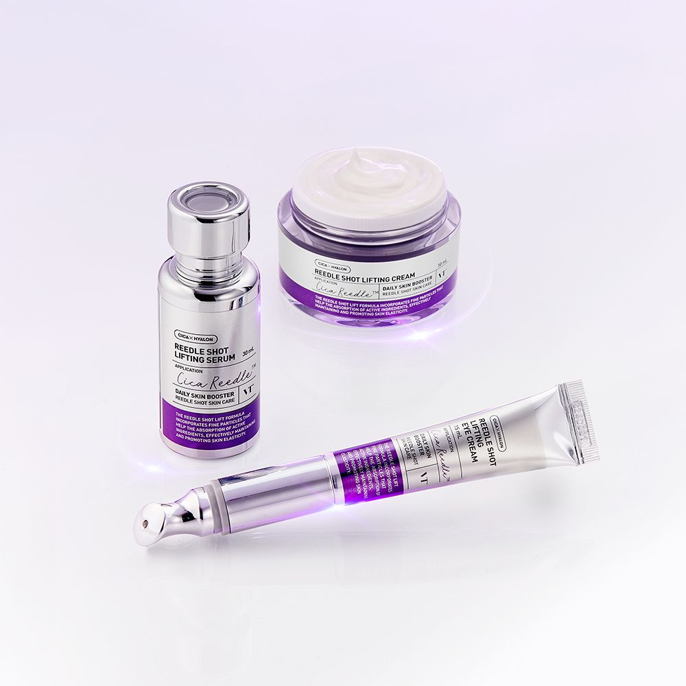 Tre prodotti: siero, crema e crema occhi. Confezione argento e viola. Testo: Reedle Shot Lifting Serum.