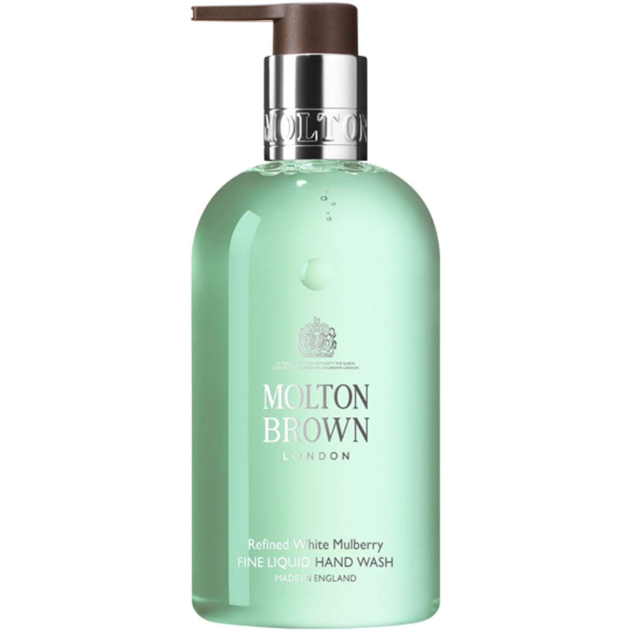 Sapone liquido verde in flacone con dosatore. Scritta: Molton Brown, Refined White Mulberry Hand Wash.