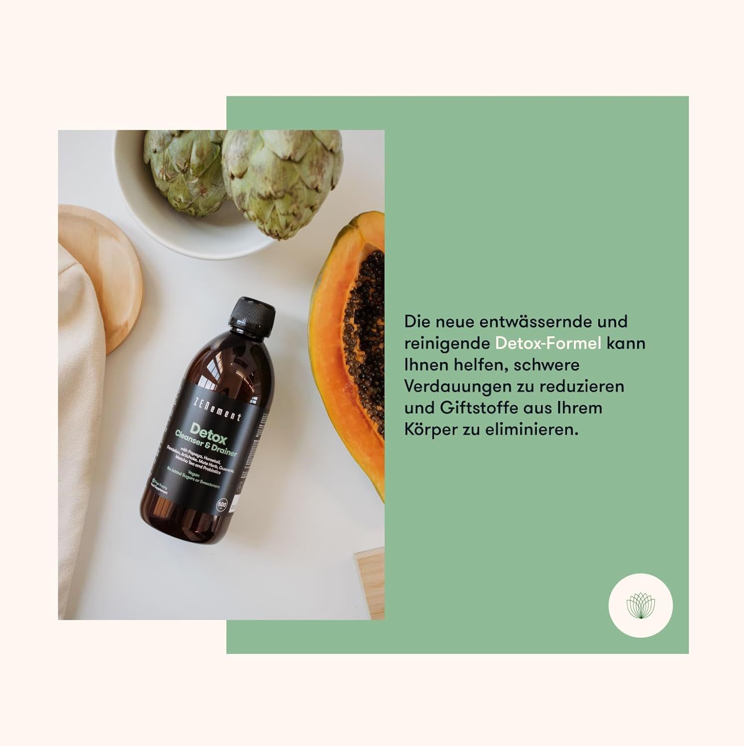 Bottiglia marrone con tappo nero. Detox Cleanser & Drainer. Papaya e carciofi. Testo su sfondo verde.