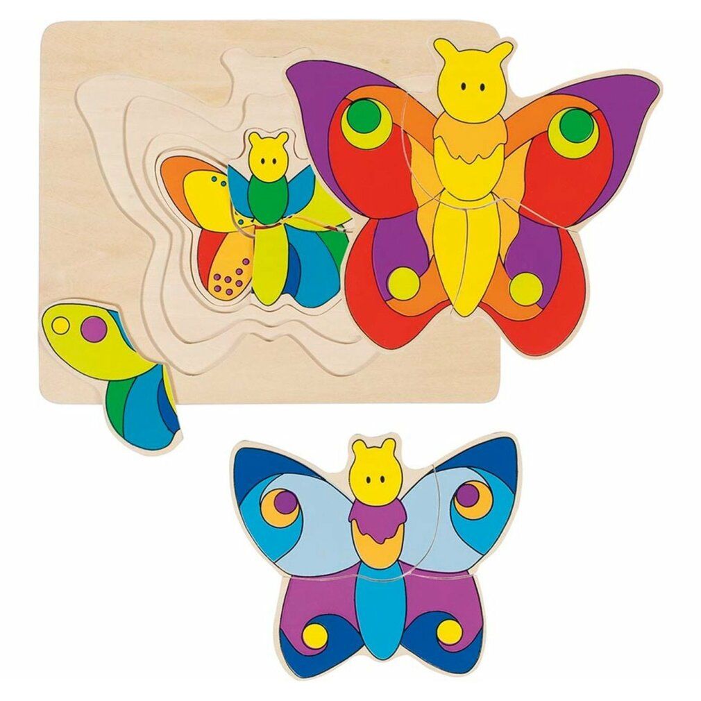 Puzzle in legno a tre strati con tre farfalle colorate. Una farfalla è parzialmente rimossa dal puzzle.