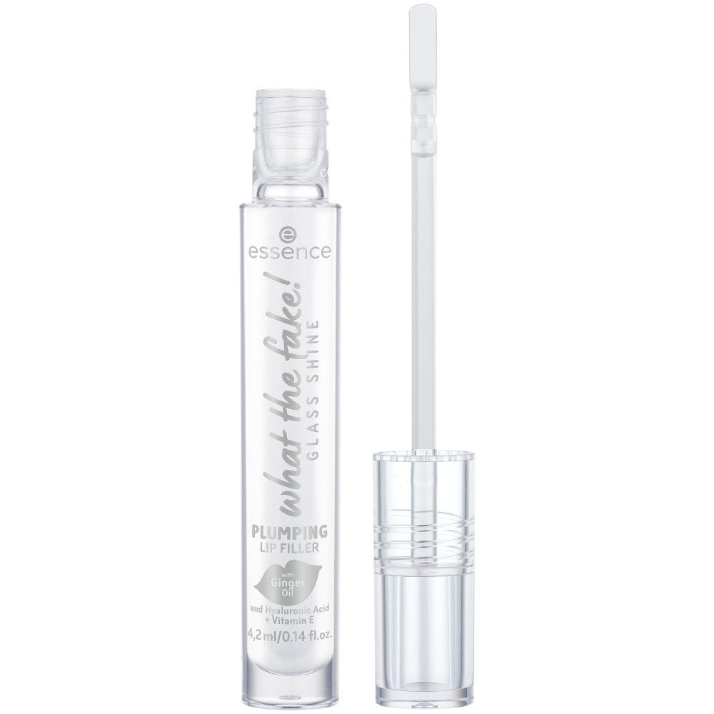 Tubo di lucidalabbra con applicatore. Scritta: What the Fake! Glass Shine. Plumping Lip Filler. Marchio Essence.