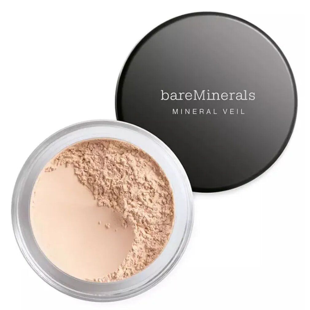 Barattolo di polvere libera, coperchio nero. Scritta: bareMinerals MINERAL VEIL. Polvere beige chiaro.