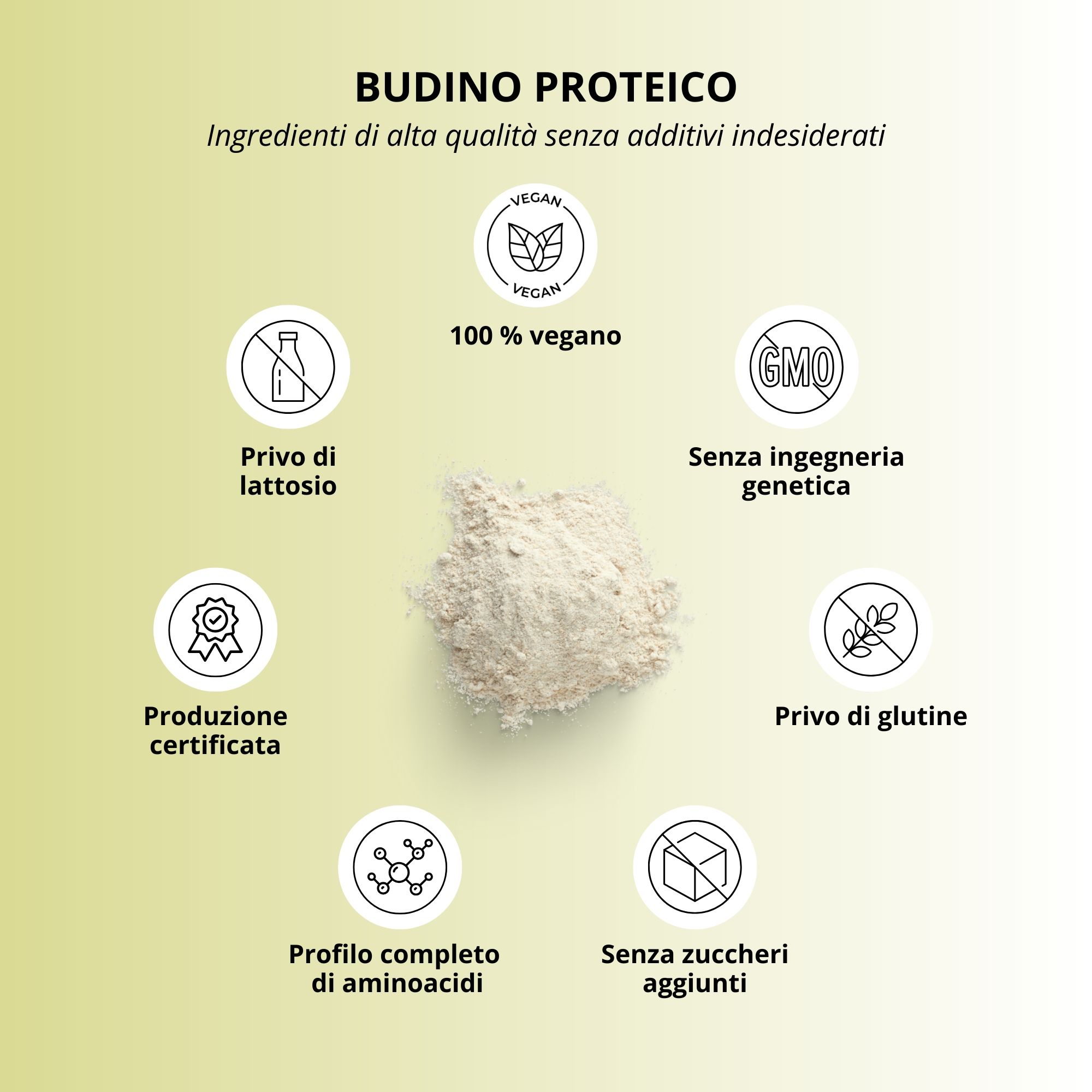 Disposizione circolare di simboli attorno alla polvere per budino proteico. 100% vegano, senza lattosio, senza OGM, senza glutine.