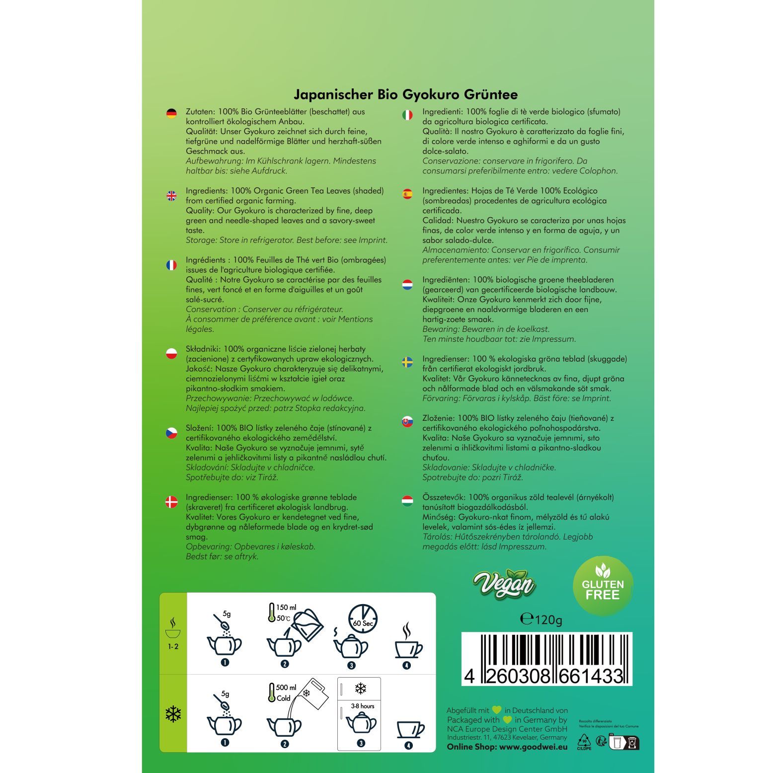 Retro della confezione Goodwei Bio Gyokuro tè verde. Testo multilingue, istruzioni per la preparazione, sigillo bio.