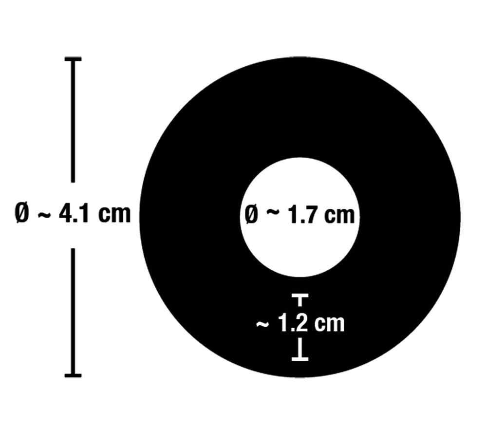 Grafica nera con cerchi bianchi. Diametri: 4,1 cm e 1,7 cm. Spessore: 1,2 cm.