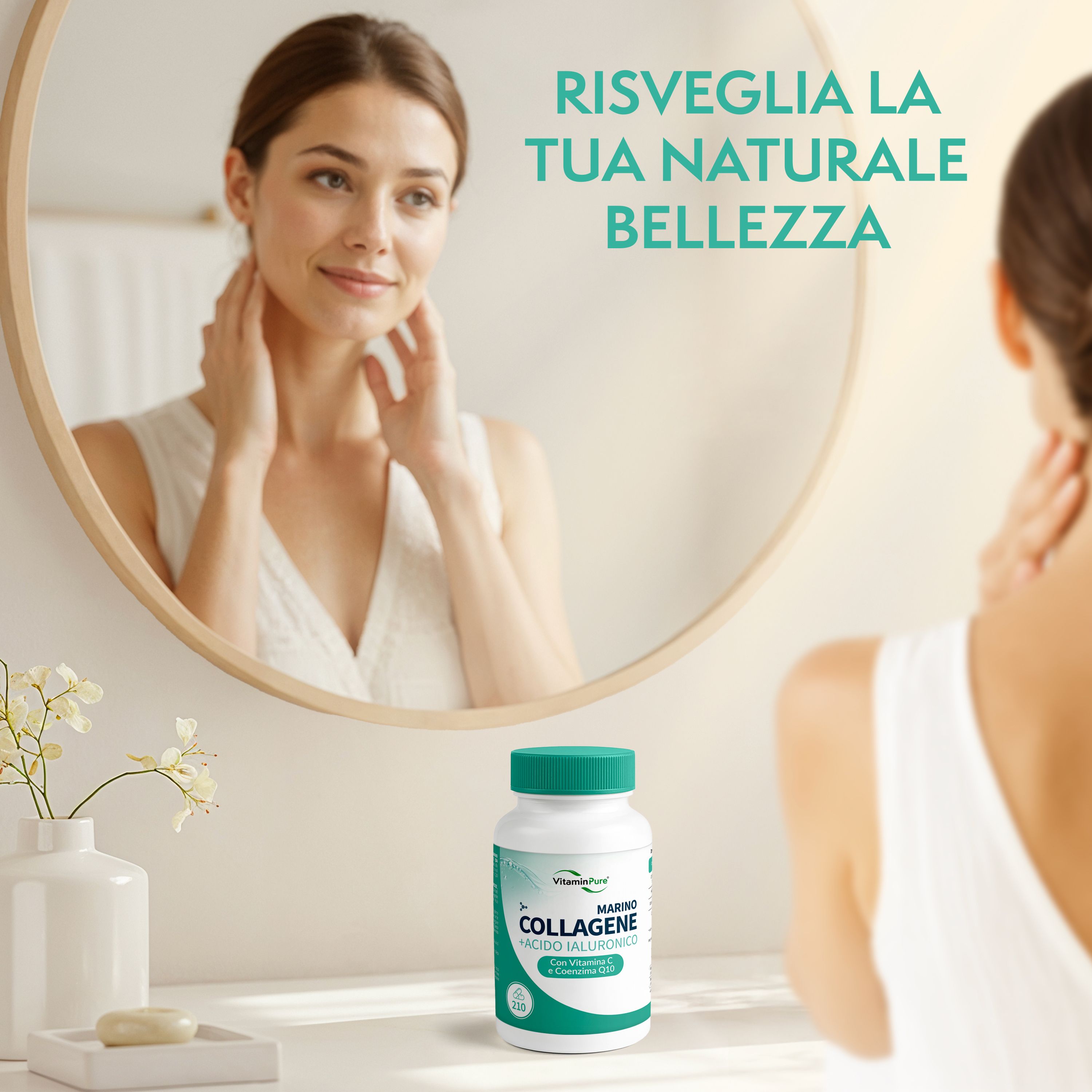Donna si guarda allo specchio accanto a un flacone di Collagene e Acido Ialuronico VitaminPure.