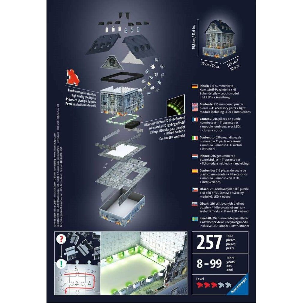 Retro della confezione. Esploso del puzzle con parti e accessori. Testo in più lingue.