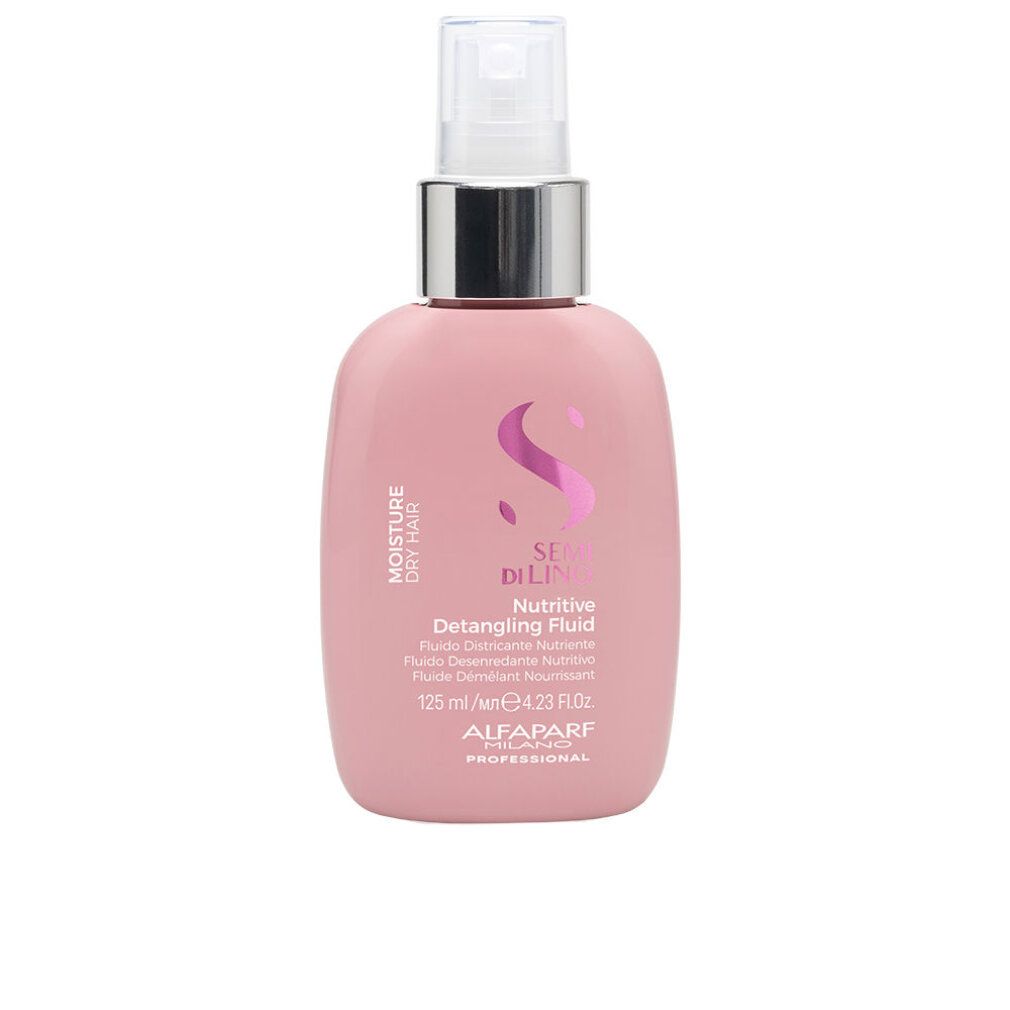 Flacone rosa con vaporizzatore. Scritta: Semi di Lino, Detangling Fluid, 125 ml. Marchio: Alfaparf Milano.