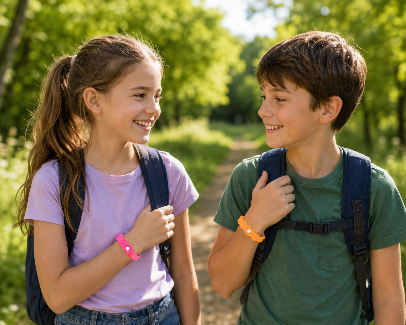 Due bambini in escursione, indossano braccialetti colorati.