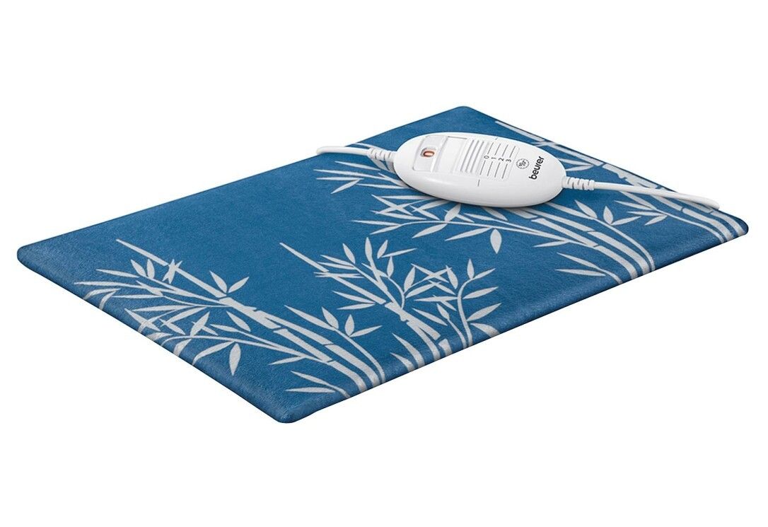Cuscino termico blu con motivo a bambù e regolatore bianco. Cablato.
