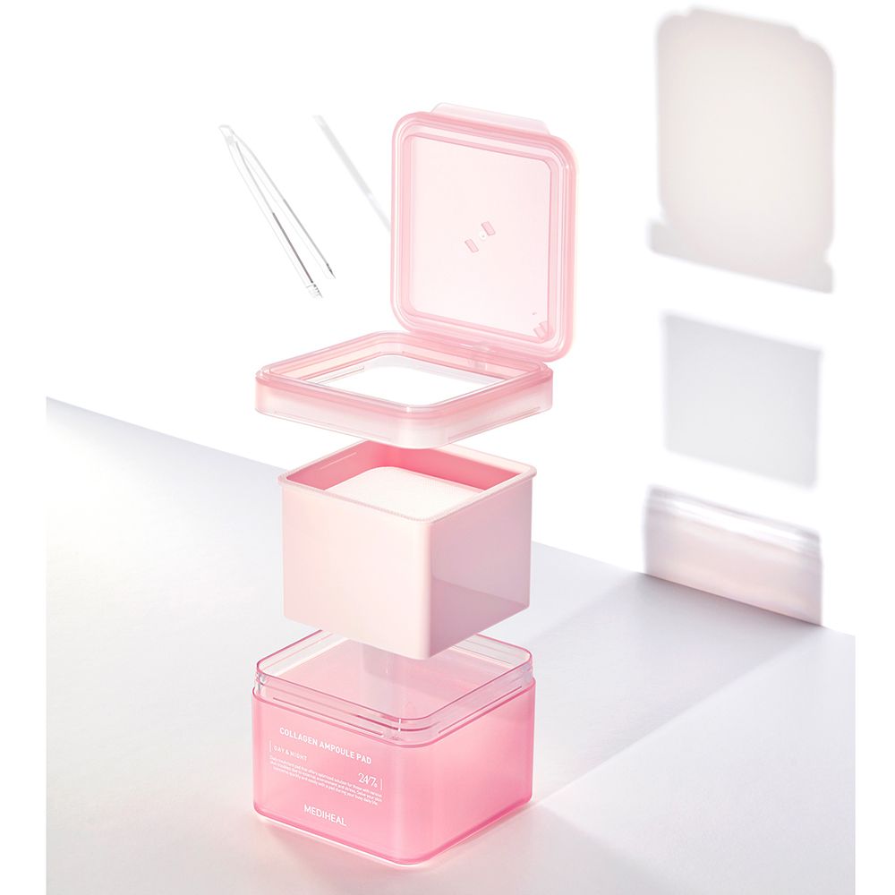 Tre parti della confezione rosa, pinzette accanto. Tamponi visibili.