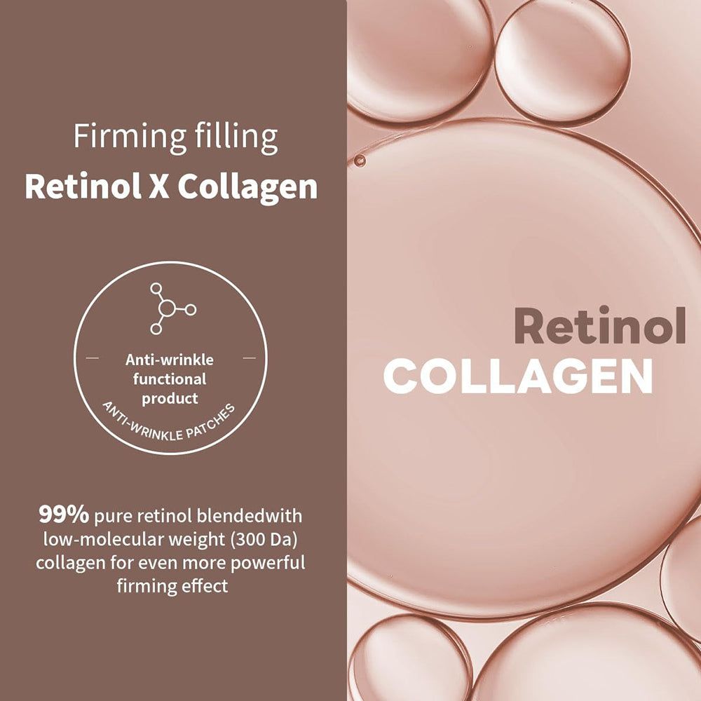 Testo "Retinol X Collagen" e "Anti-Wrinkle Patches". Immagine di gocce di liquido.