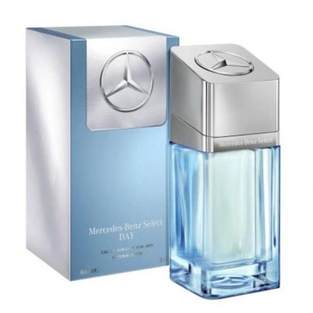 Eau de toilette azzurra con tappo argentato e confezione azzurra. Sulla confezione è scritto Mercedes-Benz Select Day.