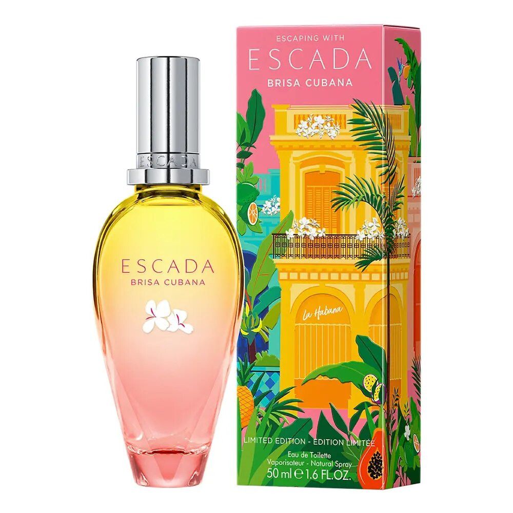 Escada Brisa Cubana E.d.T. Nat. Spray. Flacone sfumato giallo-rosa, tappo argentato. Confezione con design cubano.