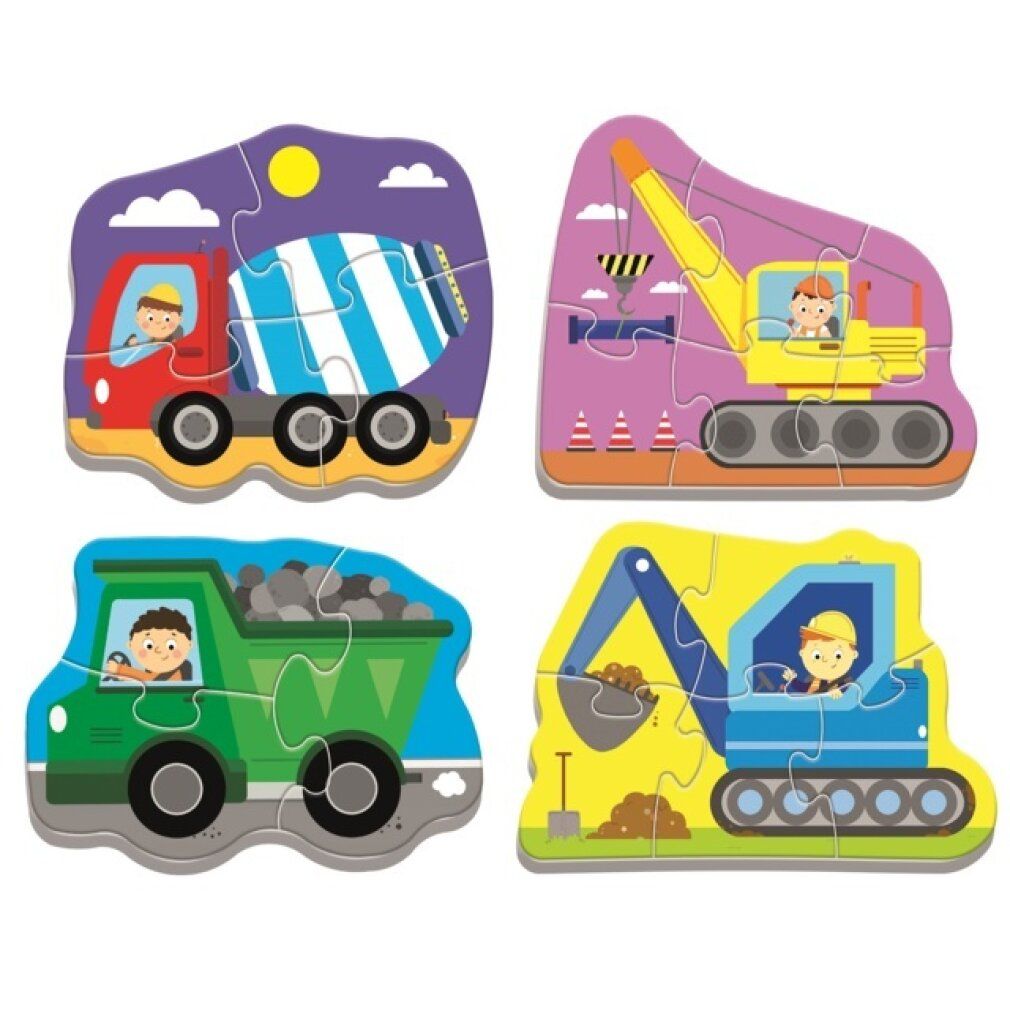 Quattro puzzle: betoniera, escavatore, dumper, scavatrice. Veicoli da cantiere. Pezzi di puzzle numerati.