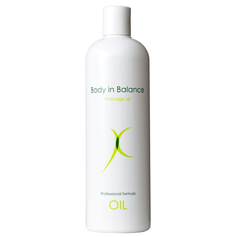 Flacone bianco di olio da massaggio, scritta "Body in Balance" e "OIL".