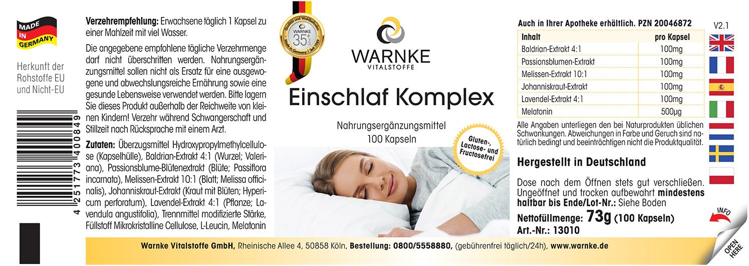 Etichetta con scritta: Warnke Vitalstoffe, Einschlaf Komplex, 100 capsule. Donna che dorme. Ingredienti e informazioni.