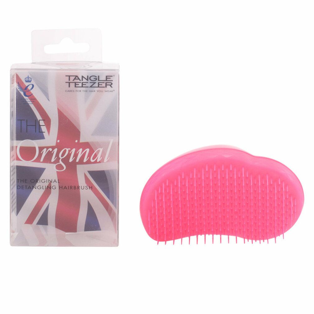 Spazzola per capelli rosa e confezione. La spazzola ha setole. Confezione con Union Jack e testo.