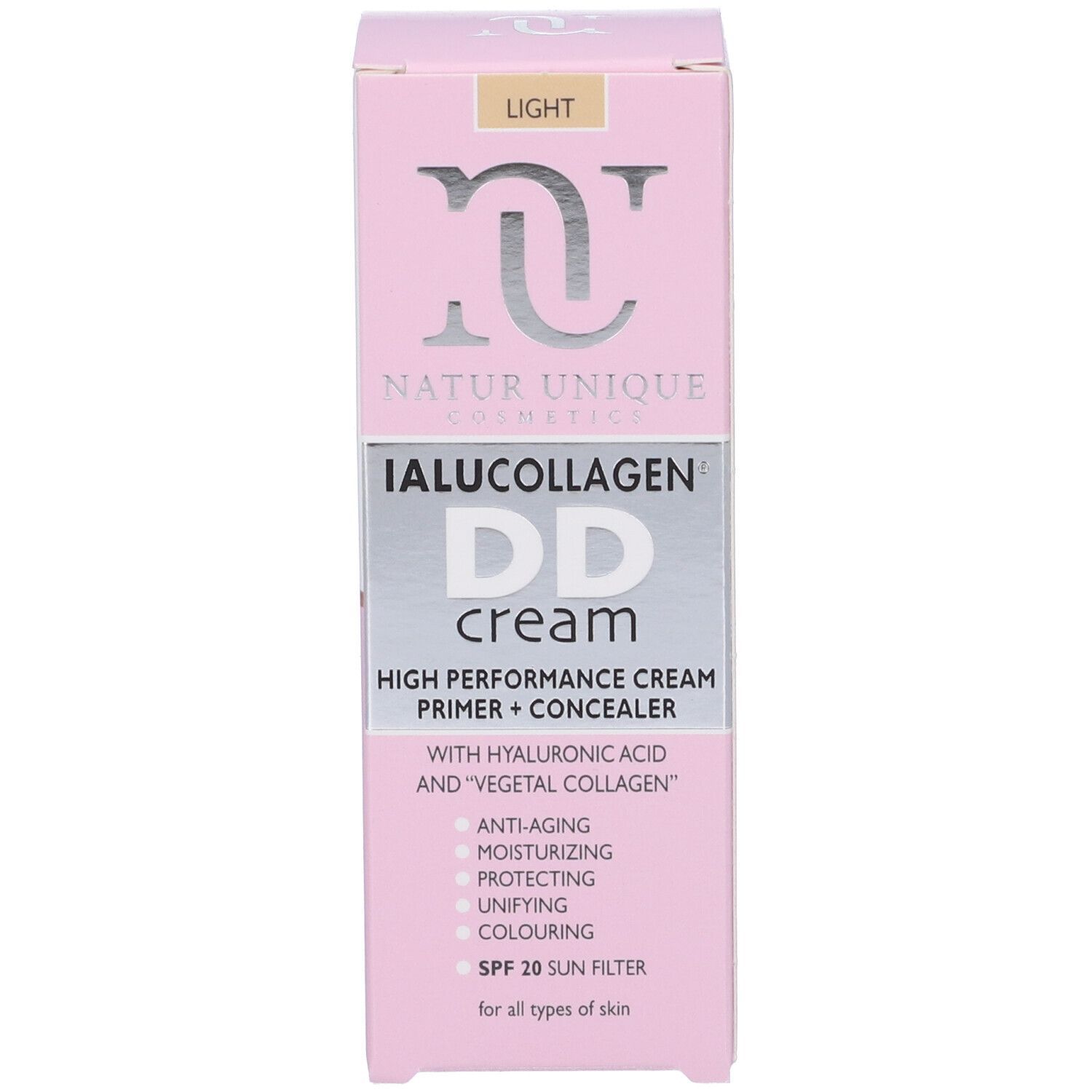 Scatola rosa con Natur Unique Cosmetics Ialucollagen DD Cream. Testo: High Performance Cream Primer + Concealer. Light.