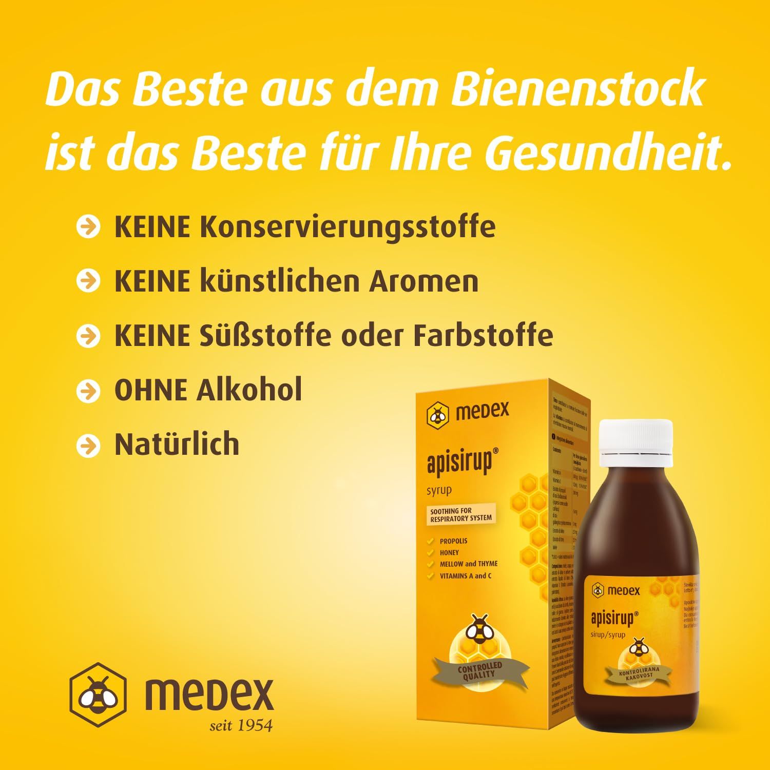 Bottiglia e scatola Medex Apisirup. Sulla scatola: senza conservanti, aromi artificiali, dolcificanti o coloranti.